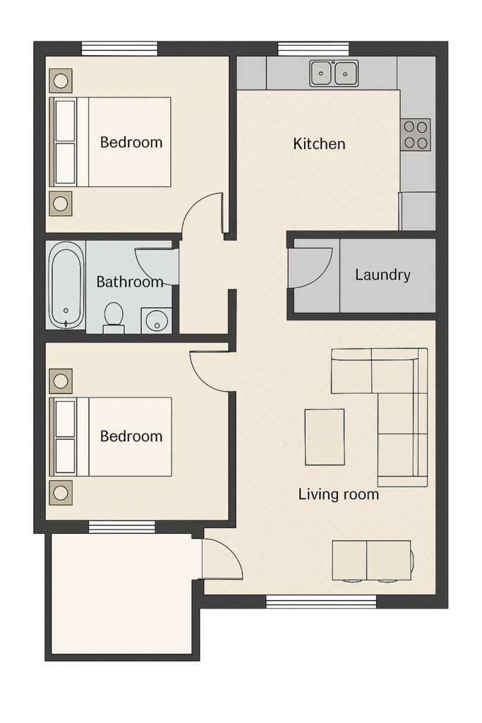 Rendering 2D e 3D di una casa con due camere da letto, bagno, cucina, salotto e lavanderia – progetto architettonico moderno.